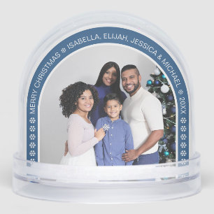 Blue Arch Christmas Family Photo with Snowflakes Snow Globe