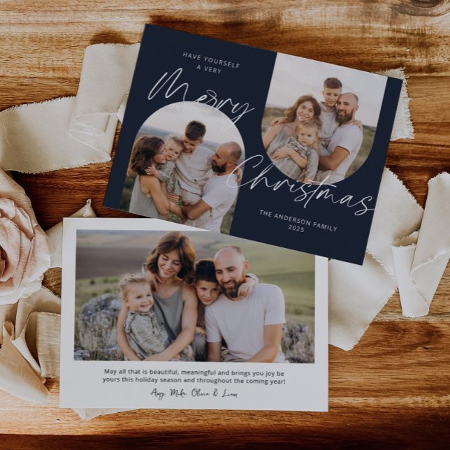 Blue Arch Photos Modern Elegant Script Christmas Holiday Card (Creator Uploaded)