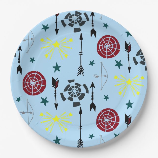 Blue Archery Bows Arrows and Targets Paper Plates (Front)