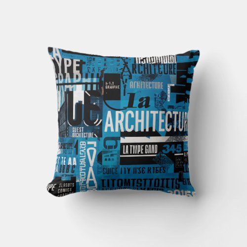 Blue Architectural Text Collage Throw Pillow