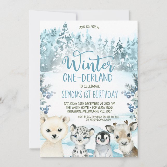 Blue Arctic Animal Winter Onederland Birthday Invitation (Front)