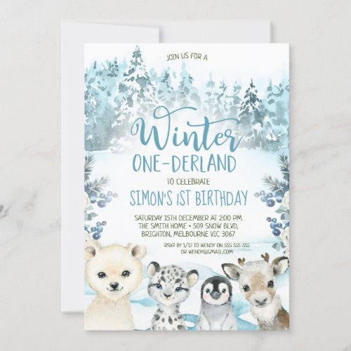 Blue Arctic Animal Winter Onederland Birthday Invitation