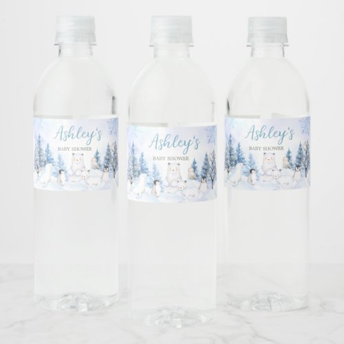 Blue Arctic Animals Baby Shower  Water Bottle Label