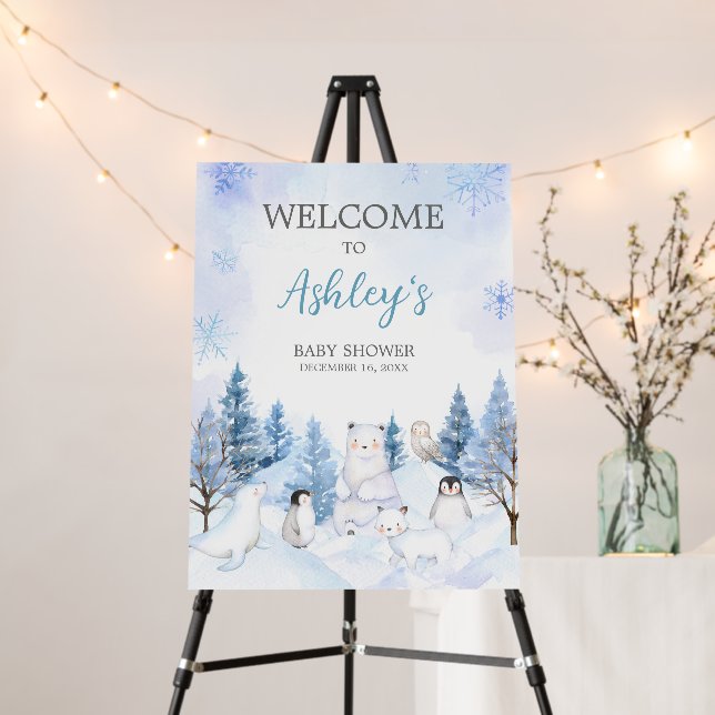 Blue Arctic Animals Baby Shower Welcome Sign (In Situ (Stand))