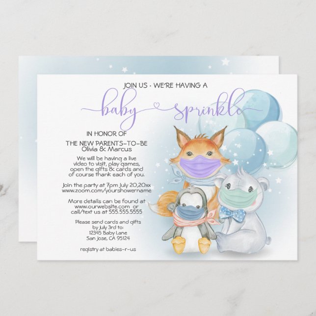 Blue Arctic Animals in Masks Baby Sprinkle Invitation (Front/Back)