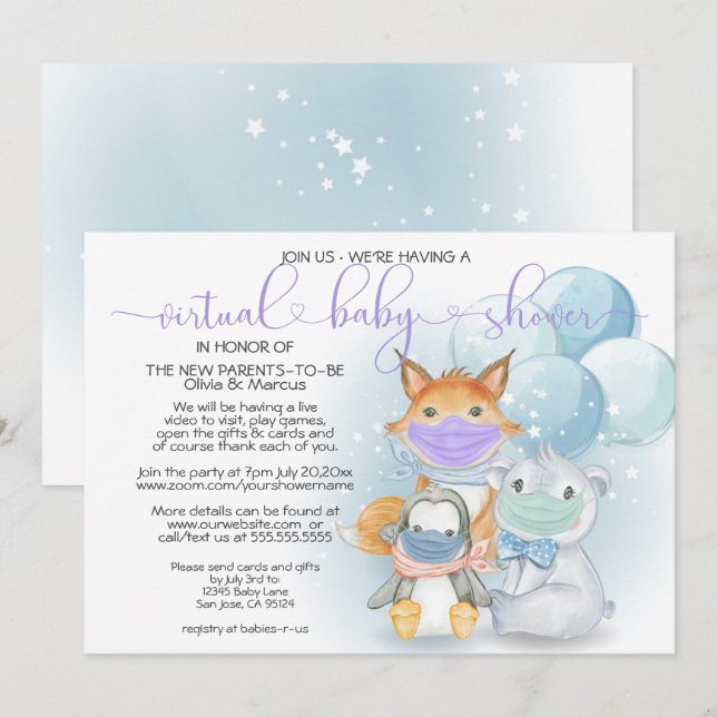 Blue Arctic Animals in Masks Virtual Baby Shower Invitation (Front/Back)