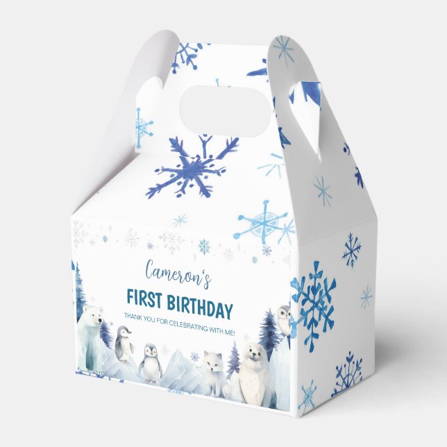 Blue Arctic Animals Winter Birthday Party Favor Boxes (Front Side)