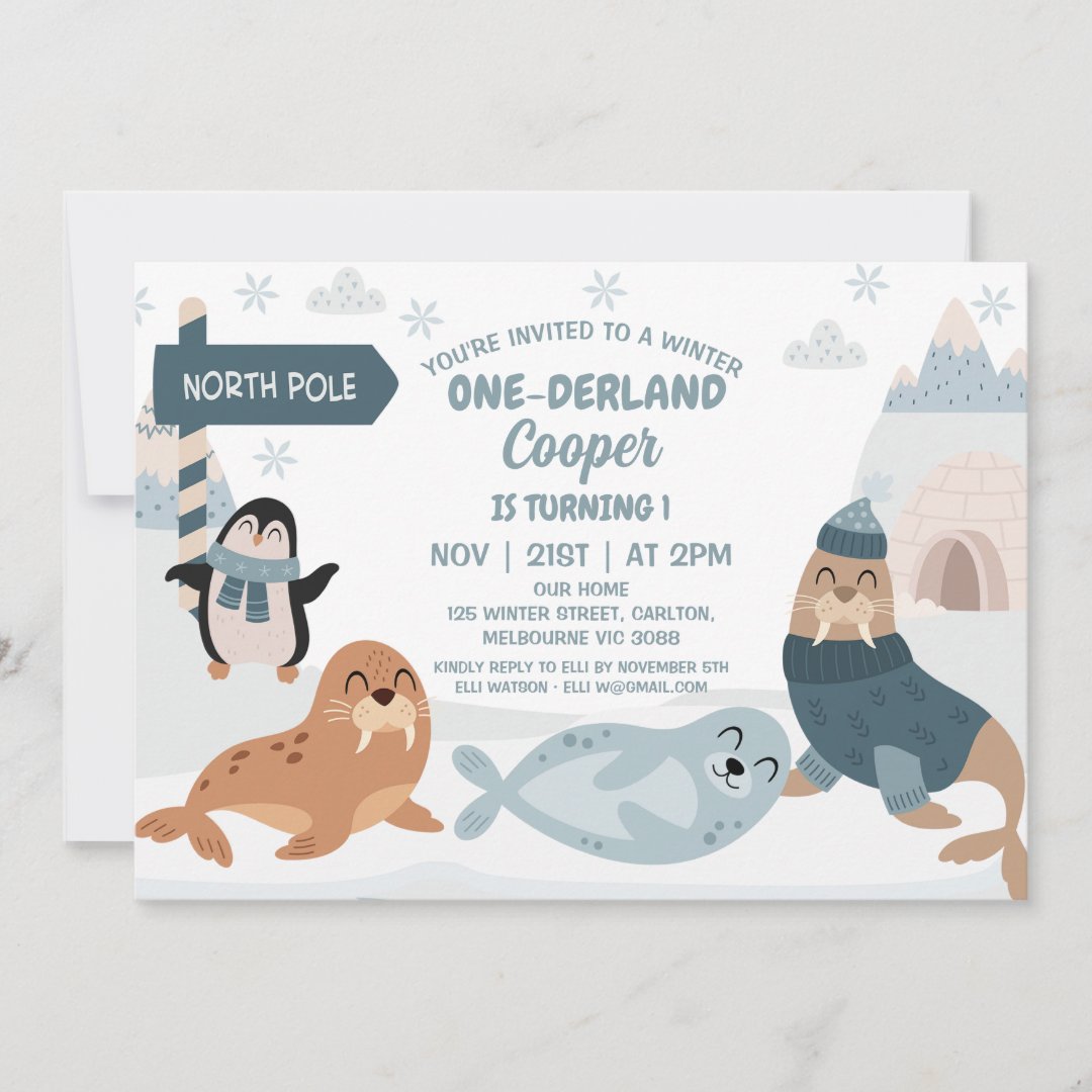 Blue Arctic Animals Winter Onederland 1st                    Birthday Invitation