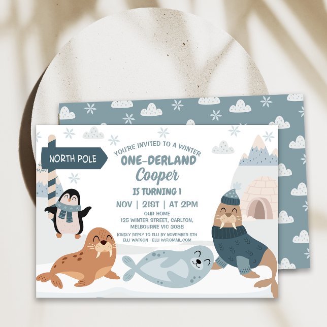Blue Arctic Animals Winter Onederland 1st Birthday Invitation (Modern Arctic Animals Winter Onederland Birthday Invitation, Winter 1st Birthday Invitation Boy)