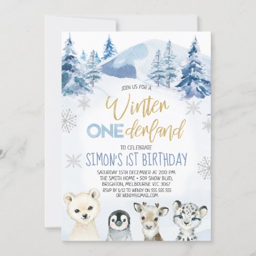 Blue Arctic Animals Winter Onederland Birthday Invitation