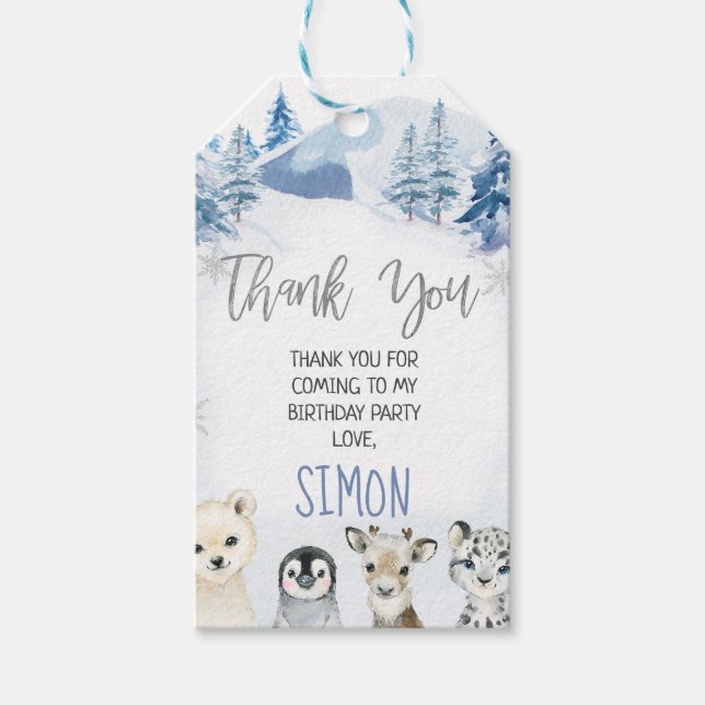 Blue Arctic Onederland Birthday Thank You Gift Tags (Front)