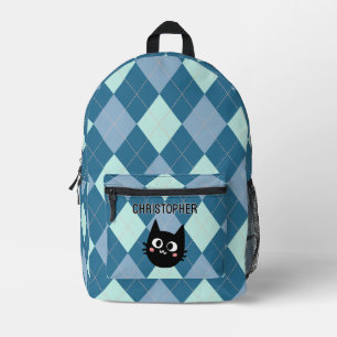 Blue Argyle, Black Cat Personalized Printed Backpack