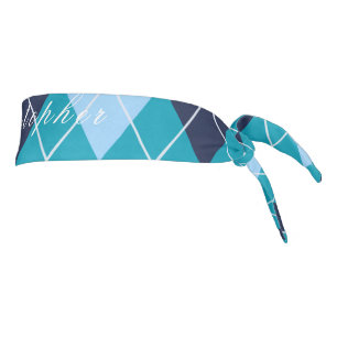 Blue Argyle Black Custom Name Elastic Hair Tie Headband