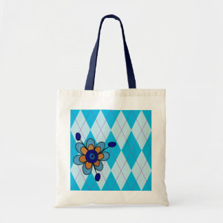 Blue Argyle & Flower Tote Bag