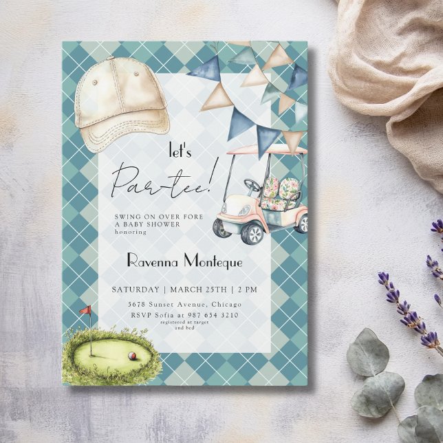 Blue Argyle Golf Cap Flag Lets Par Tee Baby Shower Invitation (Creator Uploaded)