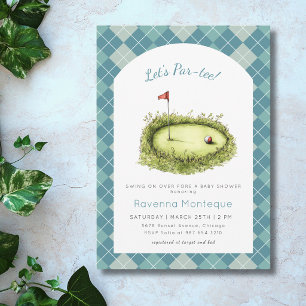 Blue Argyle Golf Hole Lets Par Tee Baby Shower Invitation