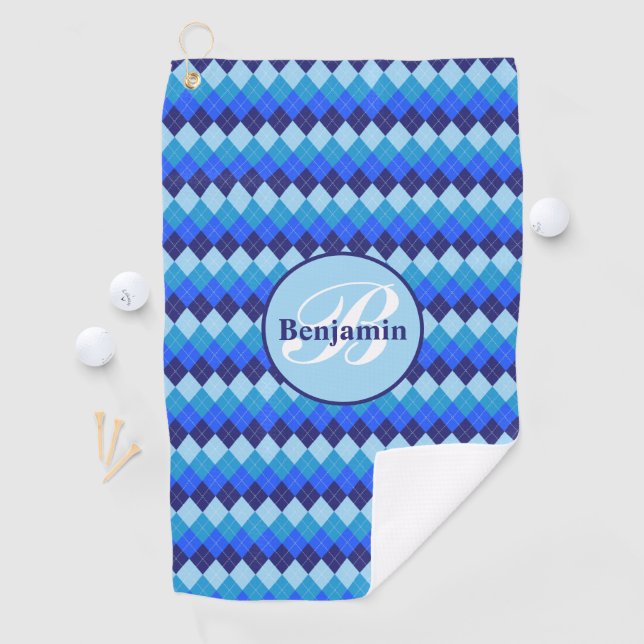 Blue Argyle, Navy, Sky Blue, Pale Blue Monogrammed Golf Towel (InSitu)