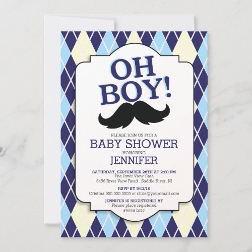 Blue Argyle OH BOY Mustache Baby Shower Invitation