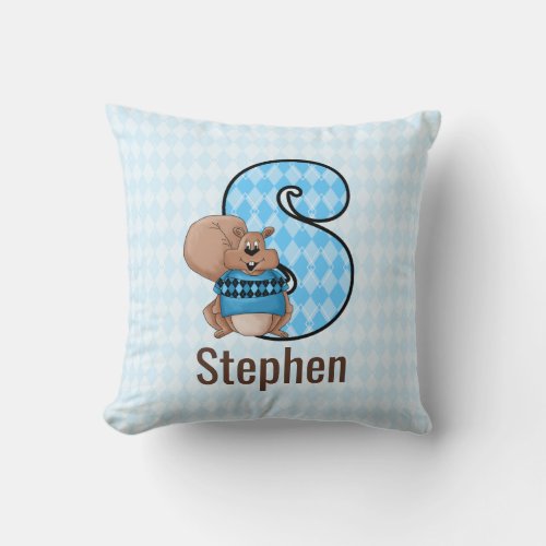 Blue Argyle Patterned Letter S for Squirrel Boys Throw Pillow