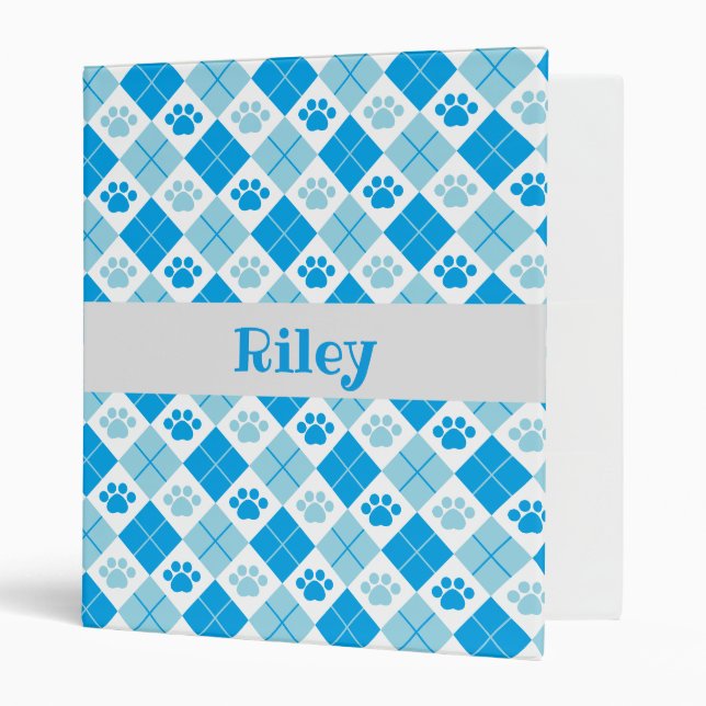 Blue Argyle Paw Print Pattern 3 Ring Binder (Front/Inside)