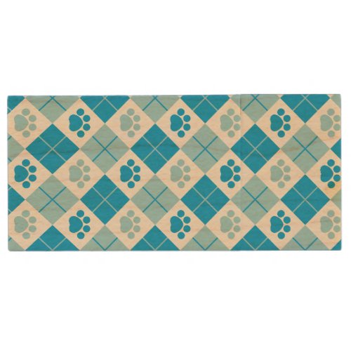 Blue Argyle Paw Print Pattern Wood Flash Drive