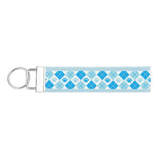 Blue Argyle Paw Print Pattern Wrist Keychain