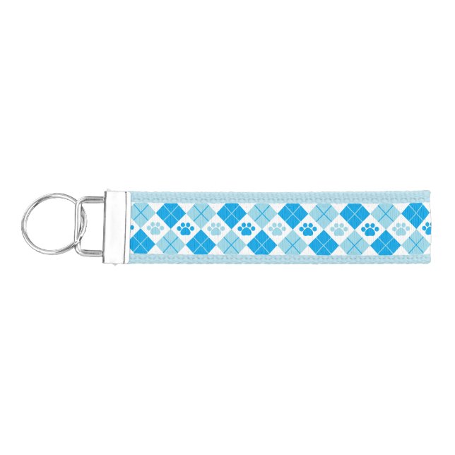 Blue Argyle Paw Print Pattern Wrist Keychain (Keys on Left)