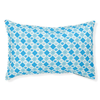 Blue Argyle Paw Print Pet Bed