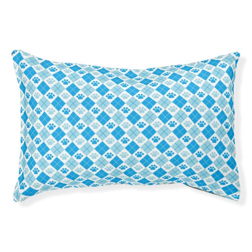 Blue Argyle Paw Print Pet Bed