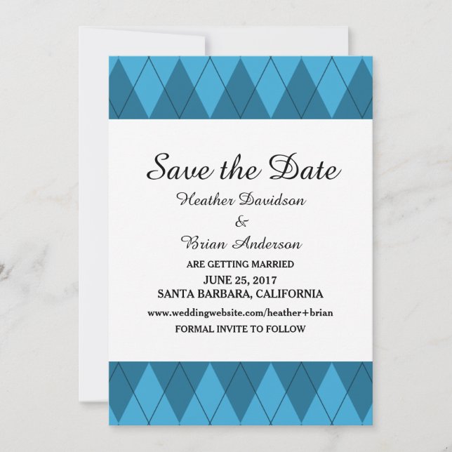 Blue Argyle Save the Date Invite (Front)