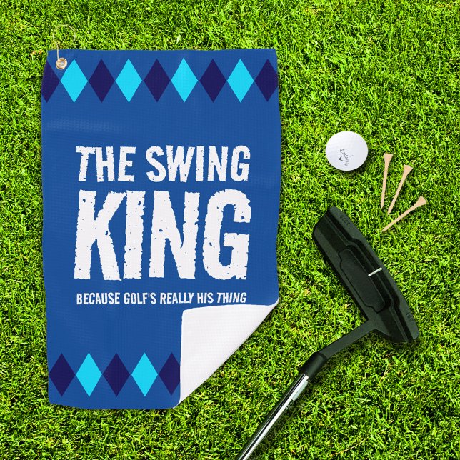 Blue Argyle The Swing King Golf Towel (The Swing King golf towel with three tees, a golf ball, and putter on the golf green.)