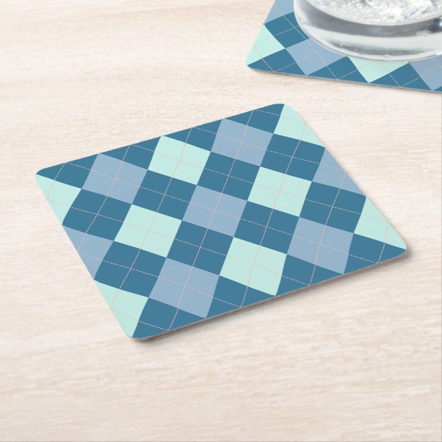 Blue Argyle Vintage Pattern Square Paper Coaster (Angled)