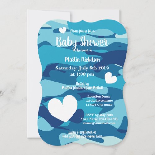 Blue army camo baby shower invitations with hearts