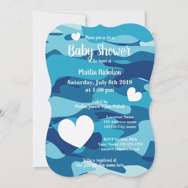 Blue army camo baby shower invitations with hearts (Front)