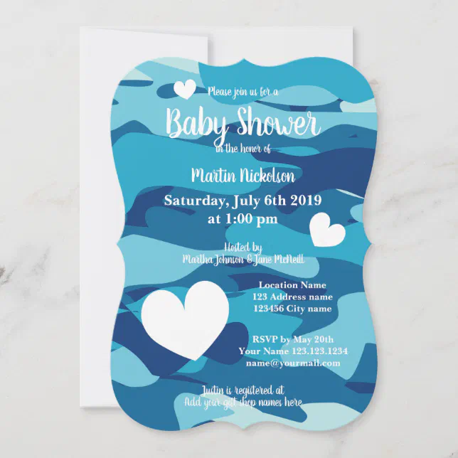 Blue army camo baby shower invitations with hearts | Zazzle