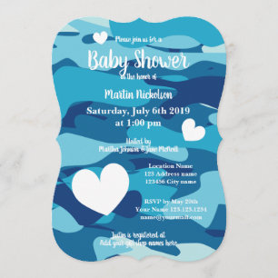 Blue army camo baby shower invitations with hearts
