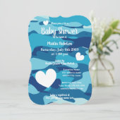 Blue army camo baby shower invitations with hearts (Standing Front)