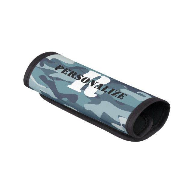 Blue army camo camouflage monogrammed travel luggage handle wrap (Angled)