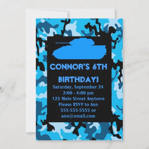 Blue Army Camouflage Birthday Party Invitations