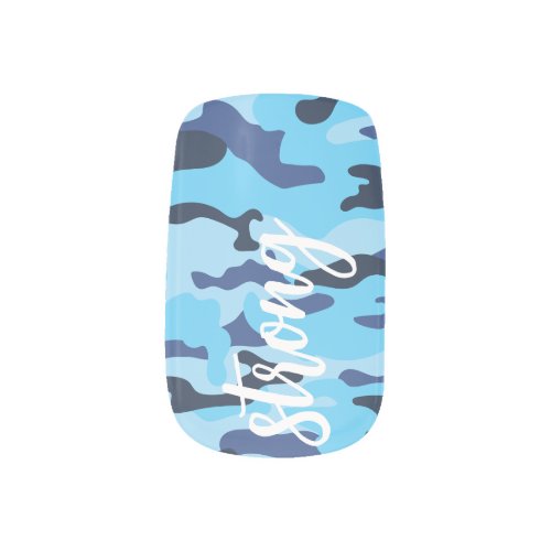 Blue army pattern with white custom word Nail Art