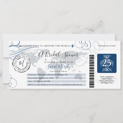 Blue Around the World Bridal Shower Boarding Pass Invitation