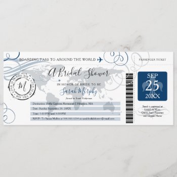Blue Around The World Bridal Shower Boarding Pass Invitation by labellarue at Zazzle