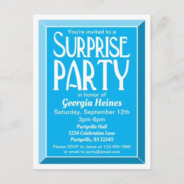 Blue Art Deco Beveled Birthday Surprise Party Invitation Postcard (Front)