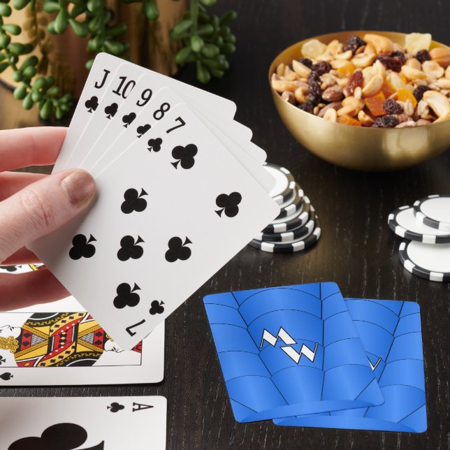Blue Art Deco Design Monogrammed Poker Cards (In Situ)