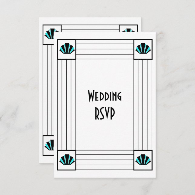 Blue Art Deco Design Wedding RSVP Card (Front/Back)