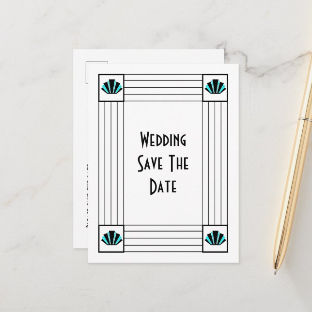Blue Art Deco Design Wedding Save The Date Announcement Postcard (Front/Back In Situ)