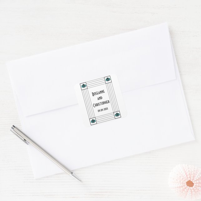 Blue Art Deco Design Wedding Square Sticker (Envelope)
