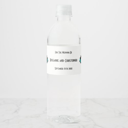 Blue Art Deco Design Wedding Water Bottle Label