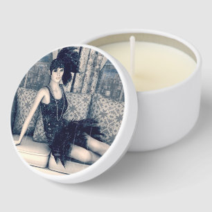 Blue Art Deco Flapper Woman Vintage Art Mini Candle Favors