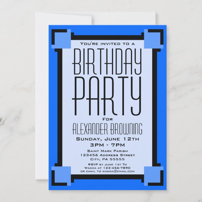 Blue Art Deco Geometric Birthday Party Invitation (Front)